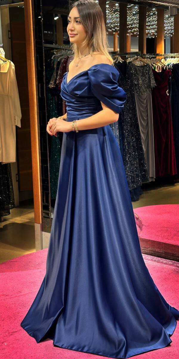 Navy Blue Low Sleeve Wrap Slit Flared Skirt Satin Long Evening Dress 7568 - 3