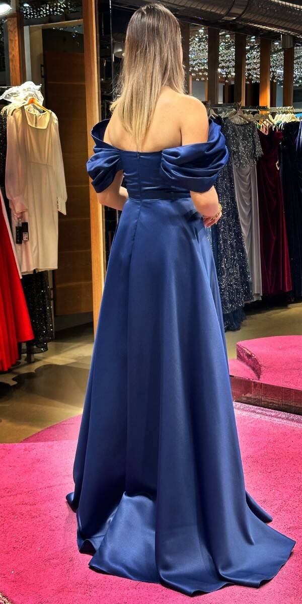 Navy Blue Low Sleeve Wrap Slit Flared Skirt Satin Long Evening Dress 7568 - 5