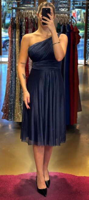 Navy Blue One Shoulder Flared Skirt Glitter Midi Evening Dress 7000 