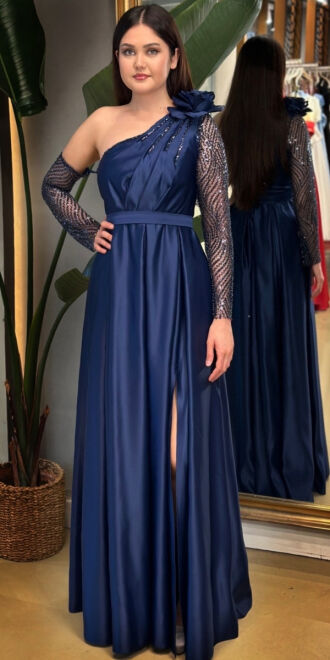 Navy Blue One Sleeve Floral Detailed Slit Flared Skirt Satin Long Evening Dress 7655 