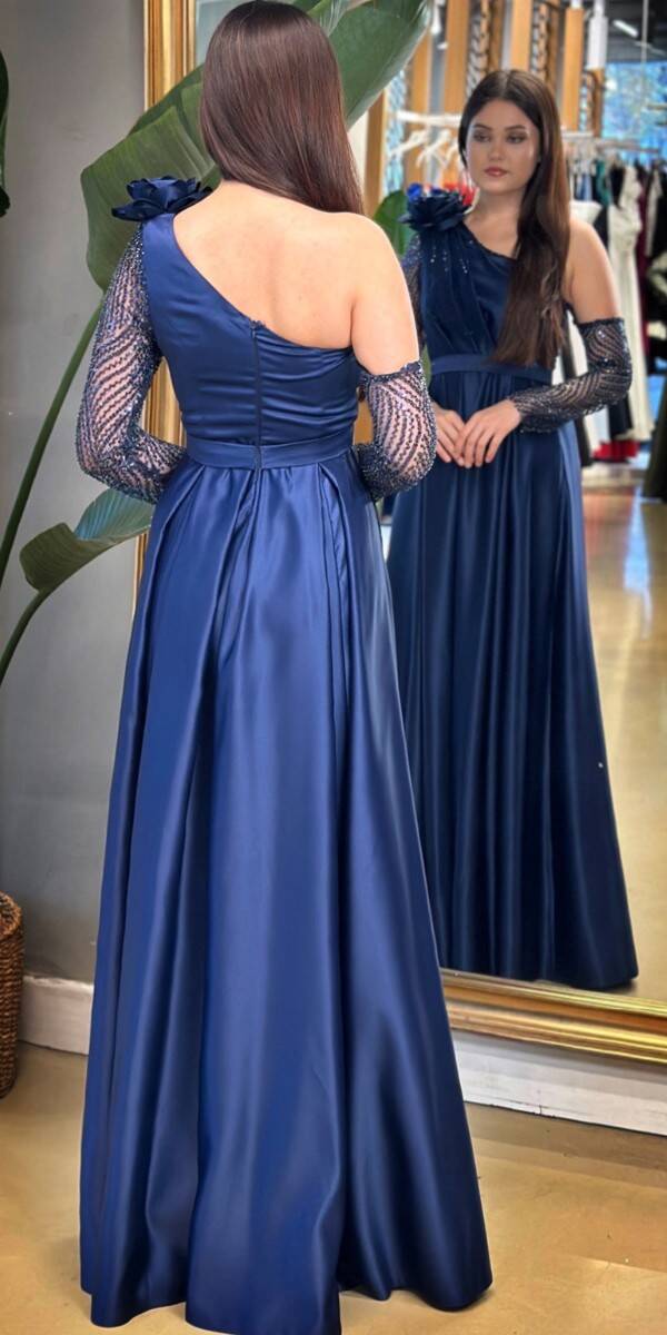 Navy Blue One Sleeve Floral Detailed Slit Flared Skirt Satin Long Evening Dress 7655 - 5