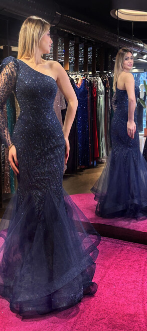 Navy Blue One Sleeve Mermaid Skirt Glitter Long Evening Dress 7476 - 3