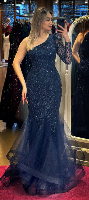 Navy Blue One Sleeve Mermaid Skirt Glitter Long Evening Dress 7476 