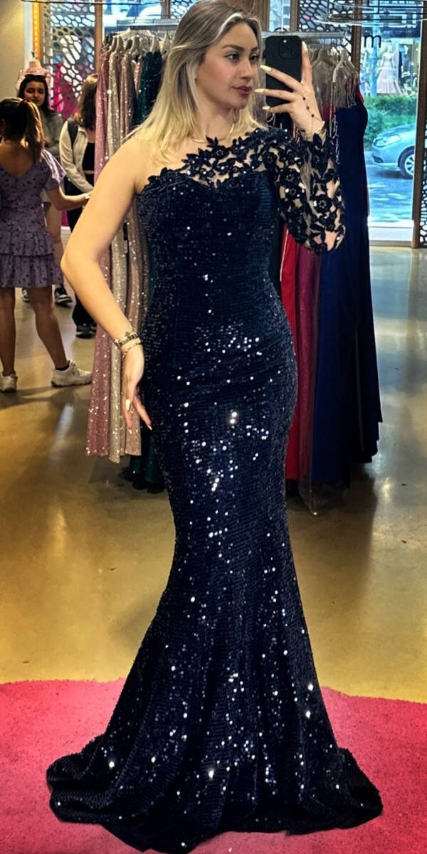 Navy Blue One Sleeve Mermaid Skirt Velvet Sequin Long Evening Dress 7452 - 1