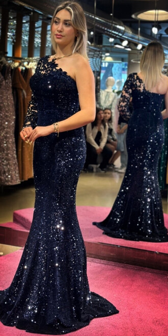 Navy Blue One Sleeve Mermaid Skirt Velvet Sequin Long Evening Dress 7452 - 3