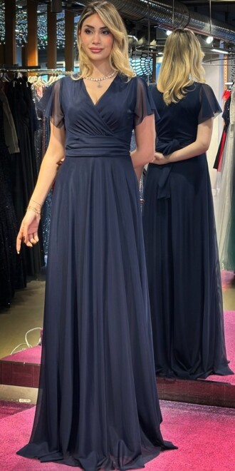 Navy Blue Short Sleeve Flared Skirt Tulle Long Evening Dress 7615 