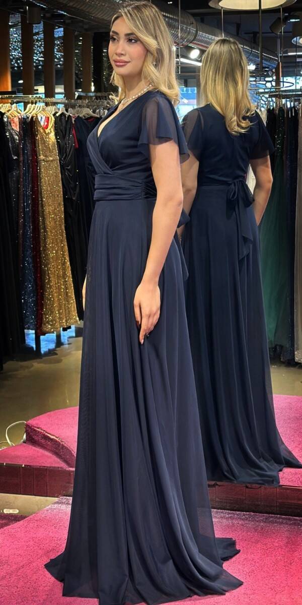 Navy Blue Short Sleeve Flared Skirt Tulle Long Evening Dress 7615 - 3