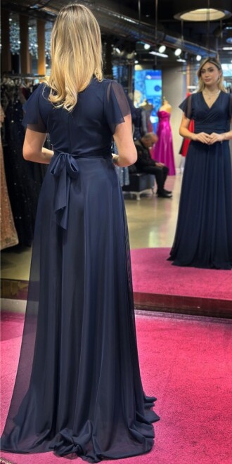 Navy Blue Short Sleeve Flared Skirt Tulle Long Evening Dress 7615 - 5