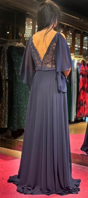 Navy Blue Short Sleeve Lace Detailed Flared Skirt Chiffon Long Evening Dress 7212 - 5