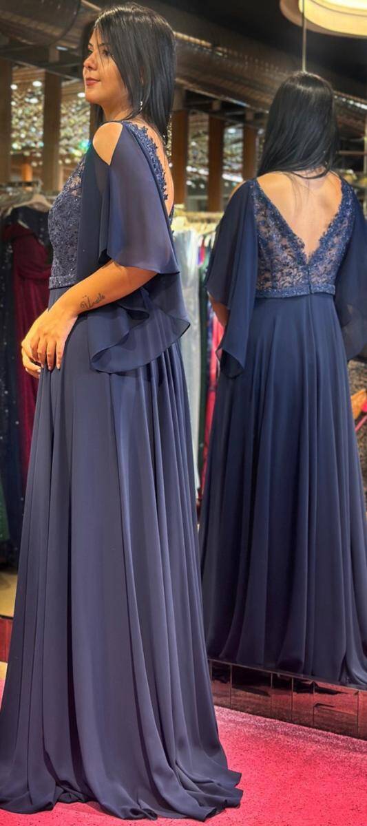 Navy Blue Short Sleeve Lace Detailed Flared Skirt Chiffon Long Evening Dress 7212 - 3