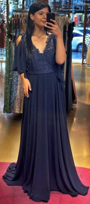 Navy Blue Short Sleeve Lace Detailed Flared Skirt Chiffon Long Evening Dress 7212 