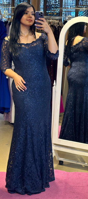 Navy Blue Short Sleeve Lace Detailed Straight Cut Glitter Fabric Long Evening Dress 6032 - 1