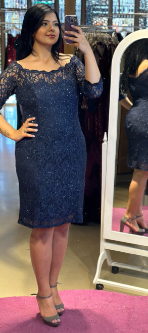 Navy Blue Short Sleeve Lace Detailed Straight Cut Glitter Fabric Long Evening Dress 6094 