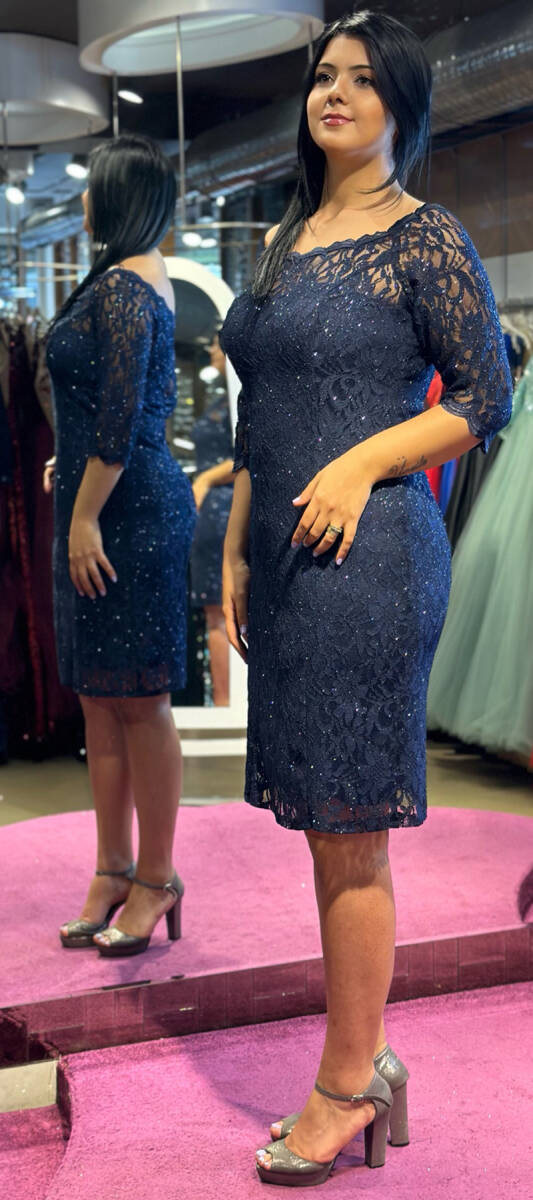 Navy Blue Short Sleeve Lace Detailed Straight Cut Glitter Fabric Long Evening Dress 6094 - 3