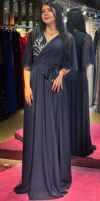 Navy Blue Short Sleeve Stone Detailed Flared Skirt Tulle Long Evening Dress 7663 