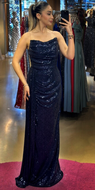 Navy Blue Slit Straight Cut Sequin Long Evening Dress 7368 