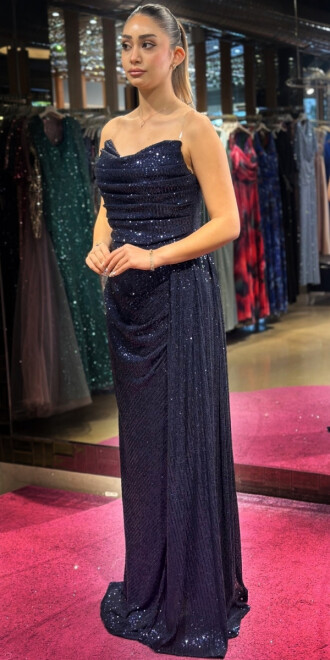 Navy Blue Slit Straight Cut Sequin Long Evening Dress 7368 - 3