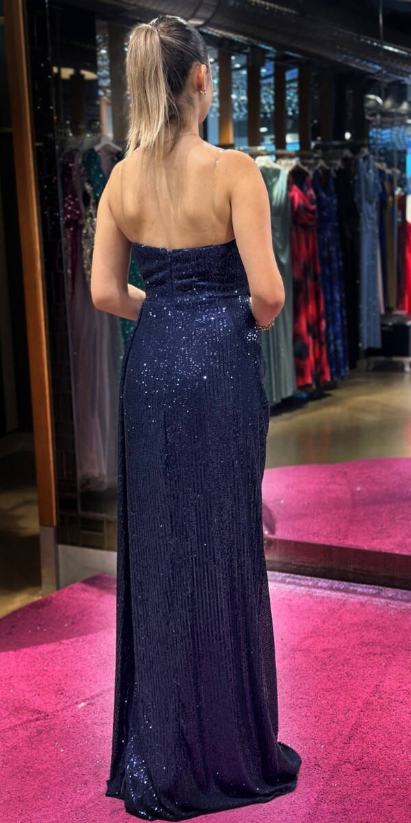 Navy Blue Slit Straight Cut Sequin Long Evening Dress 7368 - 5