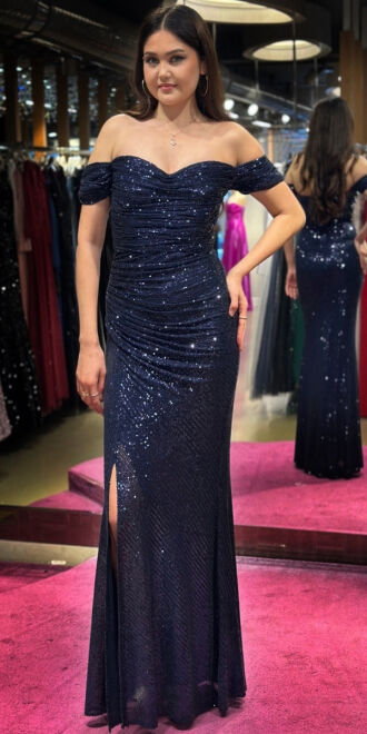 Navy Blue Slit Straight Cut Sequin Long Evening Dress 7379 - 1