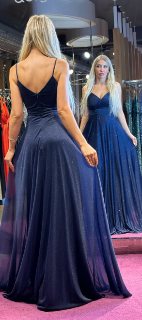 Navy Blue Spaghetti Strap Flared Skirt Glitter Long Evening Dress 6877 - 5