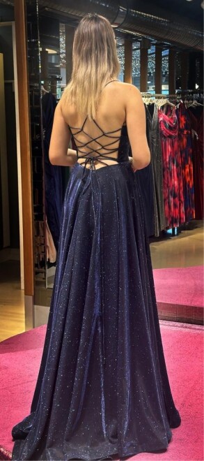 Navy Blue Spaghetti Strap Low-Cut Back Flared Skirt Glitter Long Evening Dress 7601 - 5