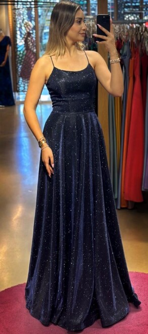 Navy Blue Spaghetti Strap Low-Cut Back Flared Skirt Glitter Long Evening Dress 7601 