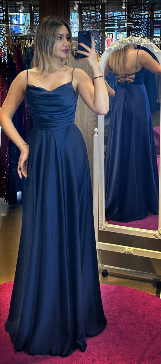 Navy Blue Spaghetti Strap Low-Cut Back Flared Skirt Satin Long Evening Dress 7281 - 1