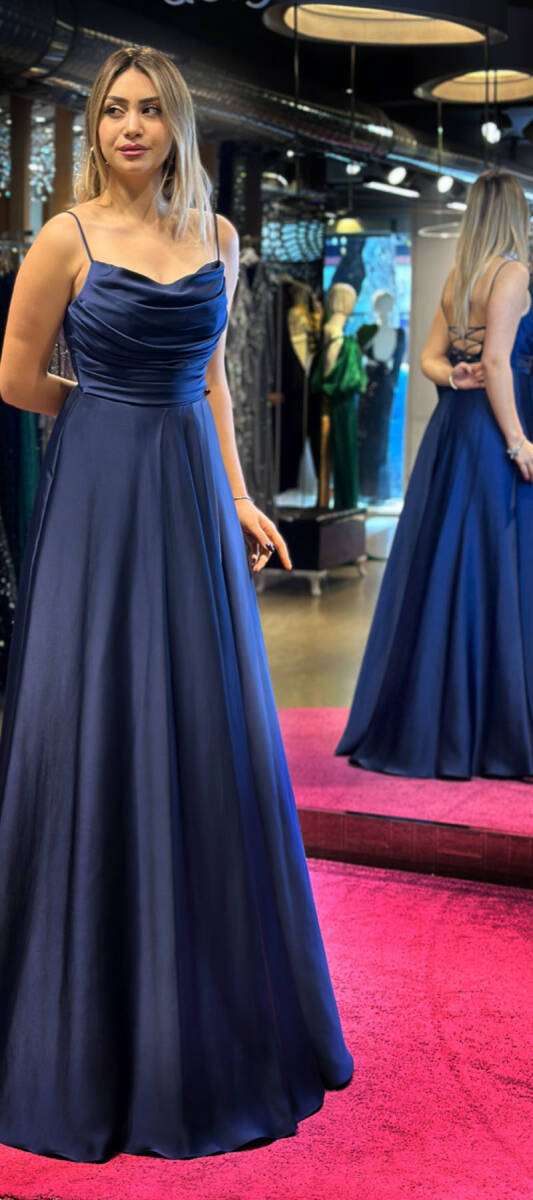 Navy Blue Spaghetti Strap Low-Cut Back Flared Skirt Satin Long Evening Dress 7281 - 3