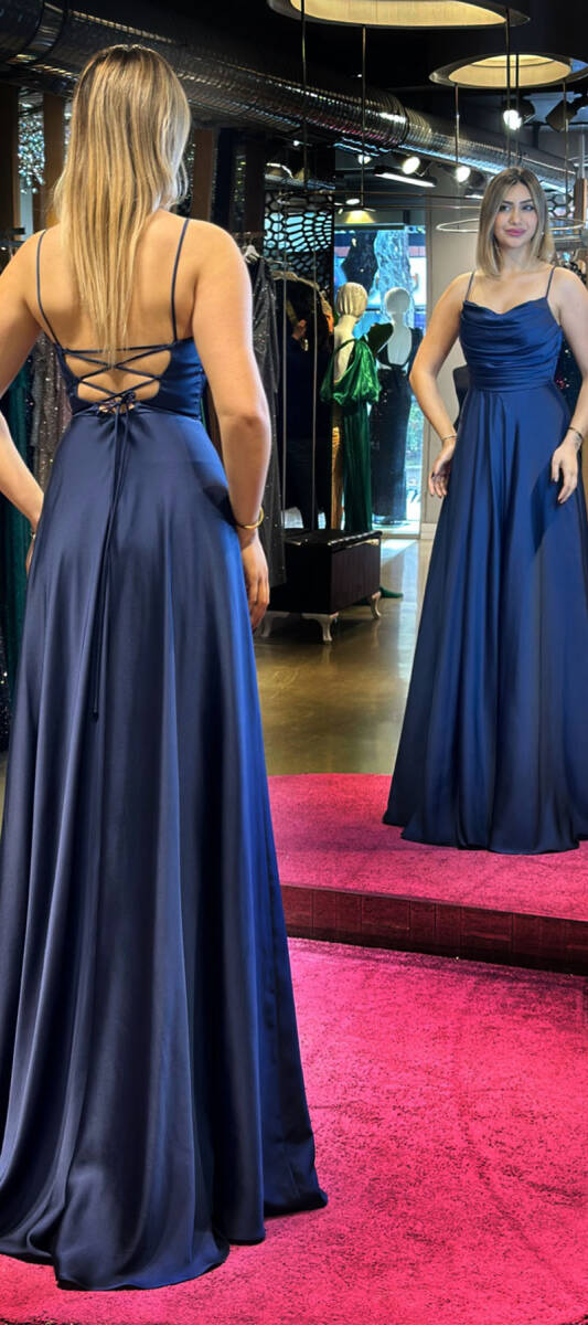 Navy Blue Spaghetti Strap Low-Cut Back Flared Skirt Satin Long Evening Dress 7281 - 5