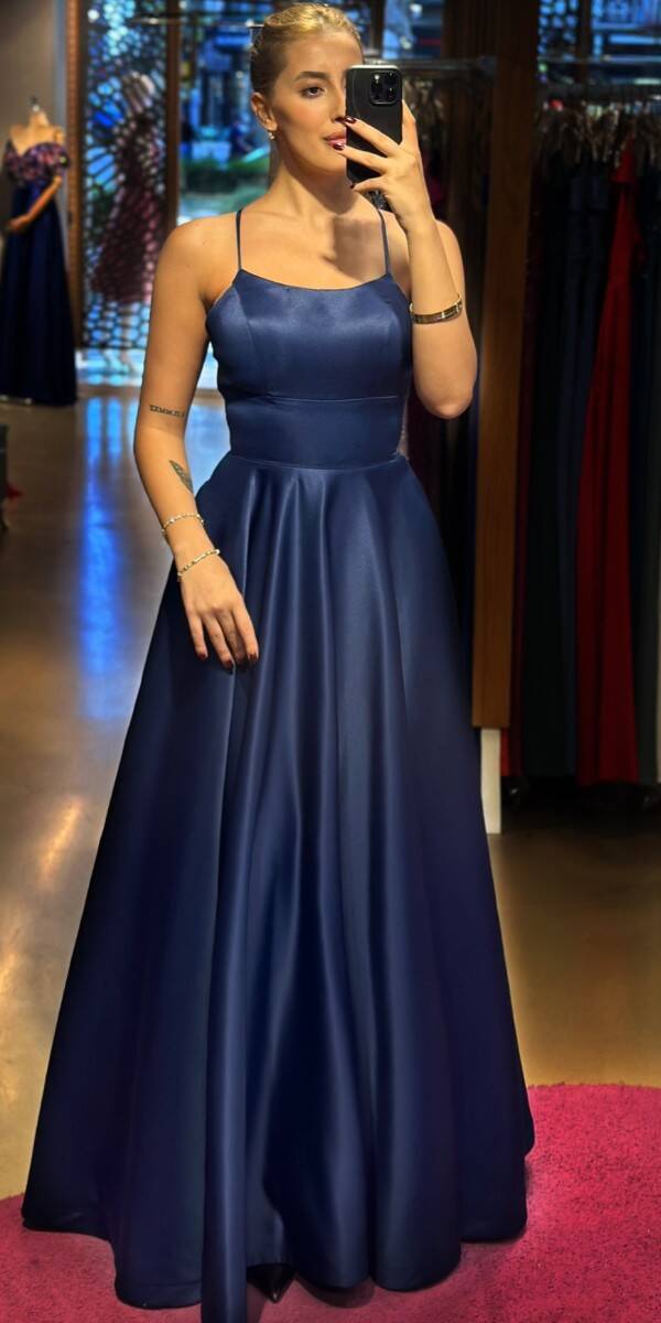 Navy Blue Spaghetti Strap Low-Cut Back Flared Skirt Satin Long Evening Dress 7590 - 1