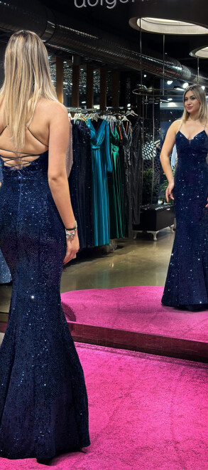 Navy Blue Spaghetti Strap Low-Cut Back Mermaid Skirt Velvet Sequin Long Evening Dress 6739 - 5