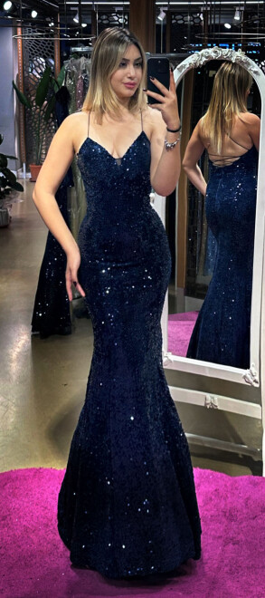 Navy Blue Spaghetti Strap Low-Cut Back Mermaid Skirt Velvet Sequin Long Evening Dress 6739 