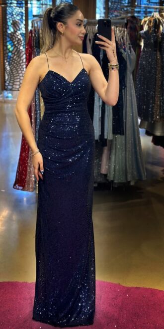 Navy Blue Spaghetti Strap Low-Cut Back Straight Cut Sequin Long Evening Dress 7265 