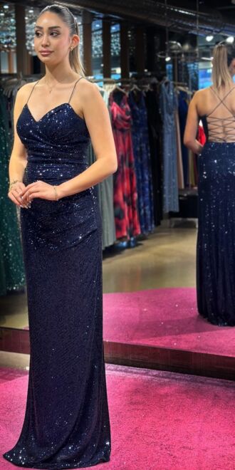 Navy Blue Spaghetti Strap Low-Cut Back Straight Cut Sequin Long Evening Dress 7265 - 3