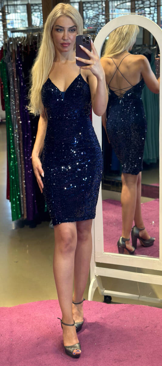 Navy Blue Spaghetti Strap Low-Cut Back Velvet Sequin Short Evening Dress 6815 - 1