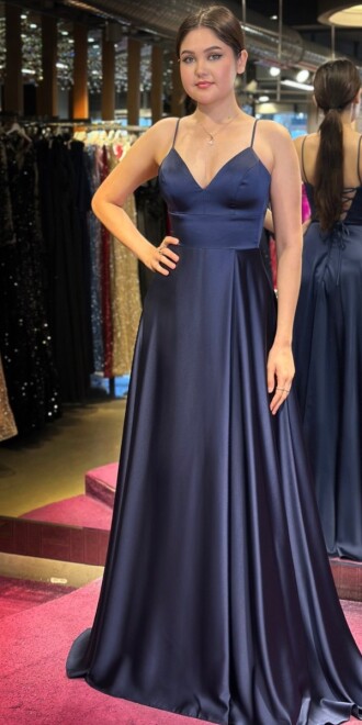 Navy Blue Spaghetti Strap Low-Cut Back Wrap Slit Flared Skirt Satin Long Evening Dress 6777 