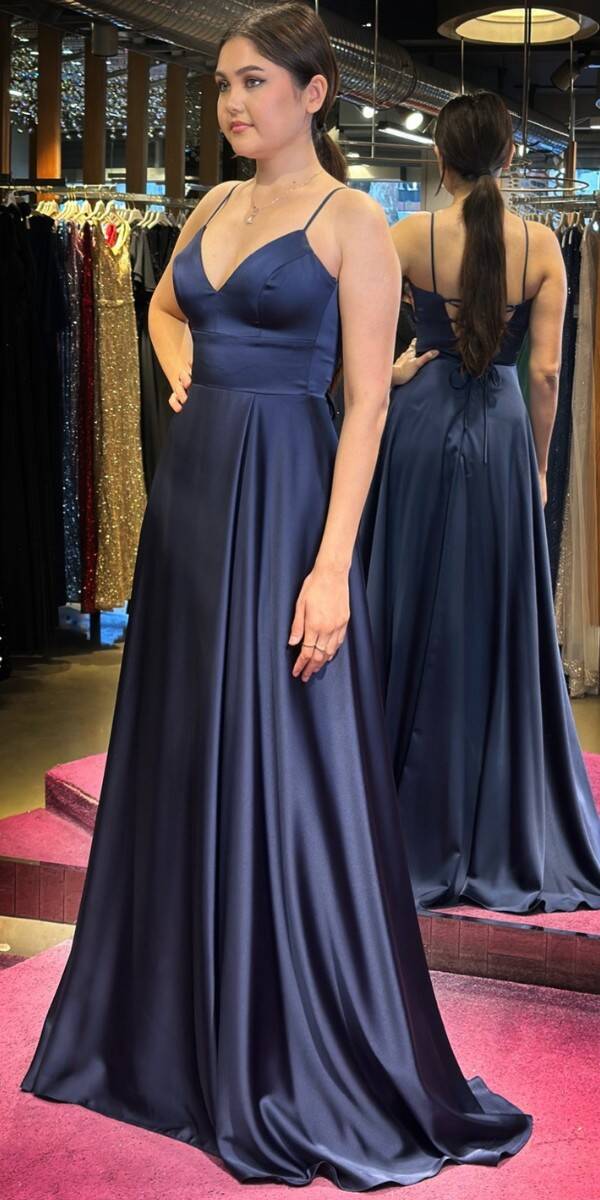 Navy Blue Spaghetti Strap Low-Cut Back Wrap Slit Flared Skirt Satin Long Evening Dress 6777 - 3