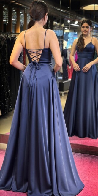 Navy Blue Spaghetti Strap Low-Cut Back Wrap Slit Flared Skirt Satin Long Evening Dress 6777 - 5