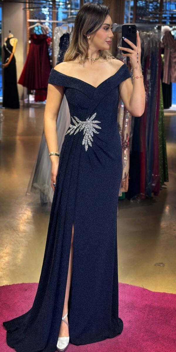 Navy Blue Stone Detailed Slit Straight Cut Glitter Long Evening Dress 7566 - 1