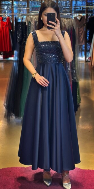 Navy Blue Thick Strap Beaded Flared Skirt Satin Midi Evening Dress 7662 