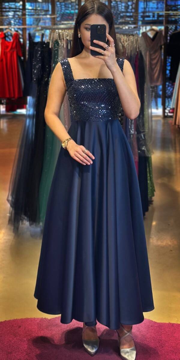 Navy Blue Thick Strap Beaded Flared Skirt Satin Midi Evening Dress 7662 - 1