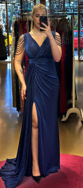 Navy Blue Thick Strap Beaded Slit Straight Cut Glitter Fabric Long Evening Dress 7551 