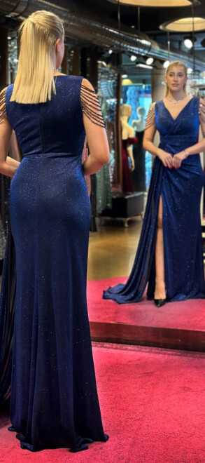 Navy Blue Thick Strap Beaded Slit Straight Cut Glitter Fabric Long Evening Dress 7551 - 5