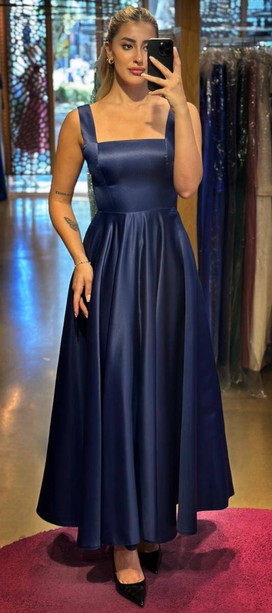 Navy Blue Thick Strap Flared Skirt Satin Midi Evening Dress 7631 - 1