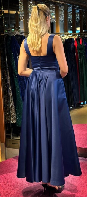 Navy Blue Thick Strap Flared Skirt Satin Midi Evening Dress 7631 - 5