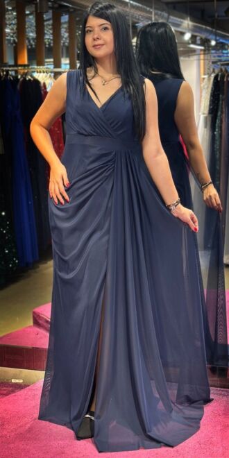 Navy Blue Thick Strap Slit Straight Cut Lycra Long Evening Dress 7648 