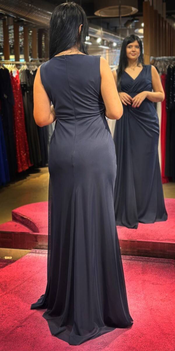 Navy Blue Thick Strap Slit Straight Cut Lycra Long Evening Dress 7648 - 5