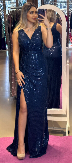 Navy Blue Thick Strap Slit Straight Cut Sequin Long Evening Dress 7293 