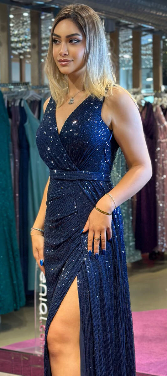 Navy Blue Thick Strap Slit Straight Cut Sequin Long Evening Dress 7293 - 3