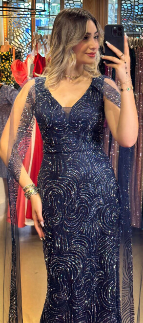 Navy Blue Thick Strap Straight Cut Glitter Long Evening Dress 7552 - 2